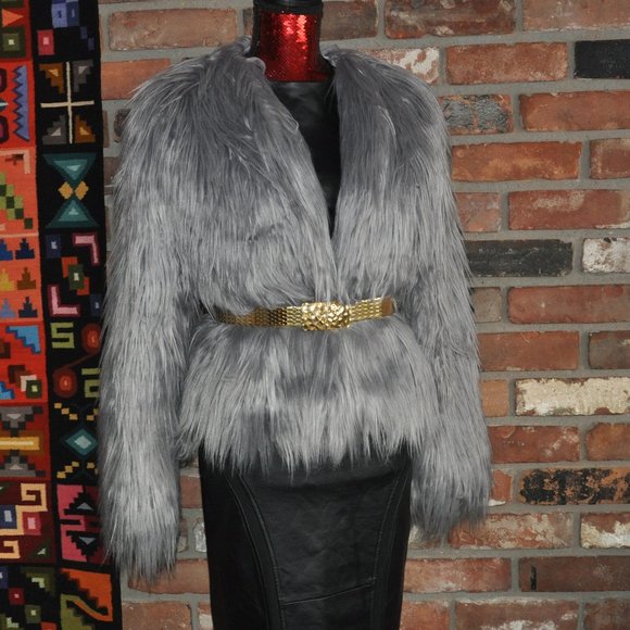 MISSGUIDED Grey Long Hair Faux Fur Shaggy Fluffy Coat Jacket Apres SKI EU34 US2 - Picture 1 of 4